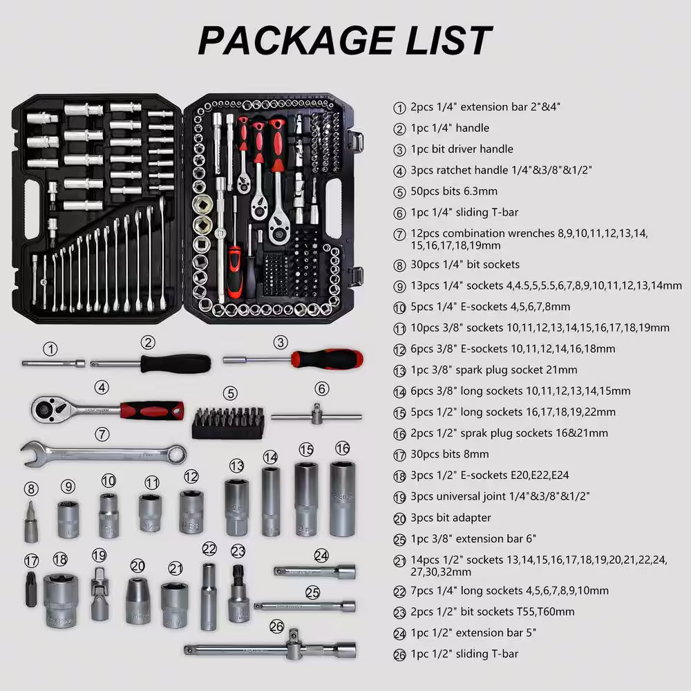 216-Piece Basic Portable Mechanic Tool Set Includes Case, and Ratchet, Sockets, and Wrenches
